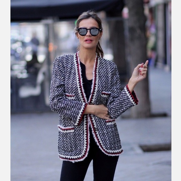Zara Bloggers Favorite Black & White/Red Tweed Textured Lady 3 Button Blazer, S - Picture 5 of 14